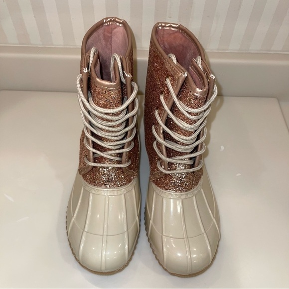 Sugar “Skipper” Rose Gold Glitter Lace Up Rain Snow Duck Boots - Picture 12 of 16